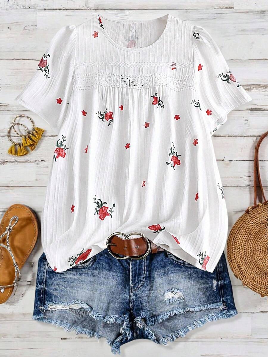 SHEIN LUNE 大码女式纹理印花拼接花卉蕾丝细节衬衫