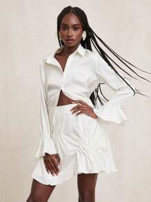 NYA SZN Top Long Sleeve Ruche Teacher Office Business Casual Satin Collar Business Casual Brunch Fall Summer Statement Valentines Day Carnival Outfits For Women - White - View 1