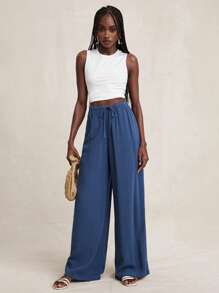 NYA SZN 亚麻抽绳纯色飘逸夏季波西米亚风沙滩旅行机场度假活动裤休闲办公室早午餐装女士 - 藏蓝色 - 查看 4