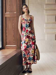 Chiquease 复古彩色花卉印花细肩带夏季海滩度假连衣裙