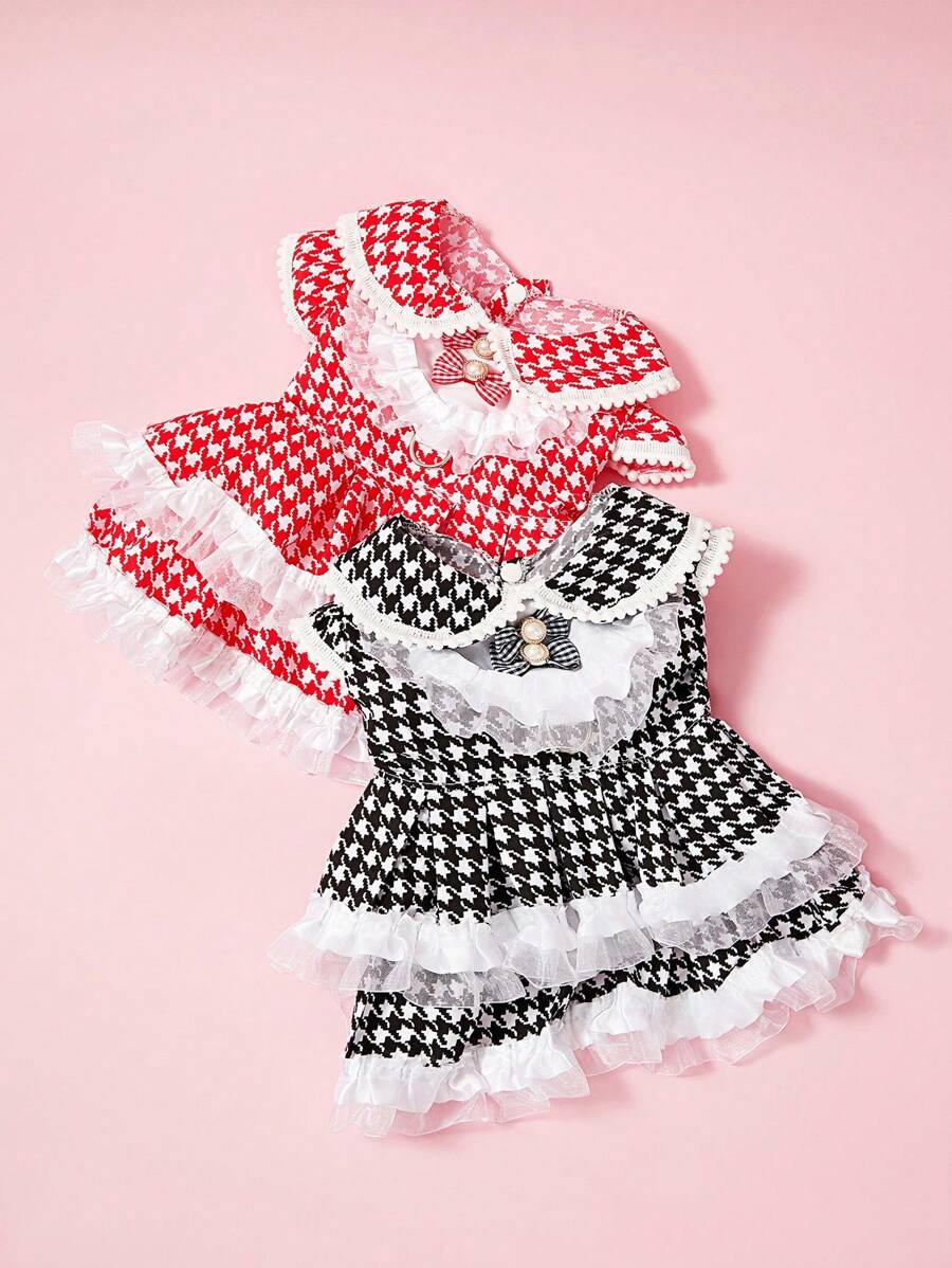 PETSIN Vestido retráctil para mascotas de malla con lazo de perlas 3D, estampado de pata de gallo minimalista y lindo, para primavera/verano - Multicolor - Ver 1