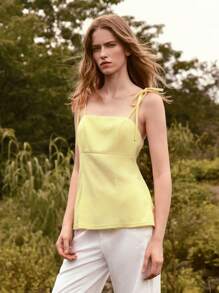 Lumivelle 女士纯色纹理面料高腰吊带背心 - 黃色 - 查看 5
