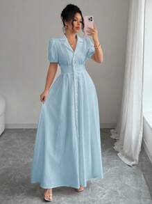 Elenzga Đầm sơ mi tay bồng cổ ve màu trơn mùa hè cỡ lớn cho nữ - Màu xanh lam - Xem 6