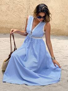SHEIN Frenchy Women's French Sleeveless  Blue And White Striped Deep V-Neck Striped Lace Maxi Dress Daily Commuter Wear Dresses For Women Summer Outfits For Women Beach Outfits For Woman Vacation Outfits Woman Western Wear Women Work Summer Dresses Woman S Summer Clothes Fall Women Clothes 4th Of July Outfit Women  Teacher Outfits For Women