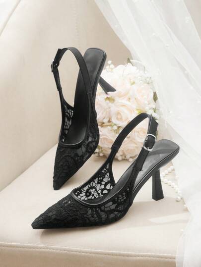 CUCCOO HITCHD Women's Pointed Toe Stiletto Heel Lace Mesh Black Wedding Shoes, Elegant Breathable Ladies High Heel Slip-On Pumps For Christmas Elegant Shoes