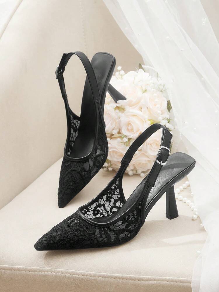 CUCCOO HITCHD Women's Pointed Toe Stiletto Heel Lace Mesh Black Wedding Shoes, Elegant Breathable Ladies High Heel Slip-On Pumps For Christmas Elegant Shoes Wedding Shoes Summer Shoes Bride Shoes