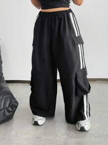 POPSWAY Damen Große Größen Lässig Schwarz & Weiß Gestreiftes Trägertop + Gestreifte Weit geschnittene Cargohose mit großen Taschen