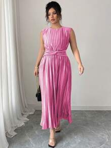 Elenzga 大码女装春夏法式优雅办公/休闲纯色圆领收腰扭褶设计无袖长连衣裙生日女士休闲连衣裙女士生日女士夏季服装女装 - 玫紅色 - 查看 7