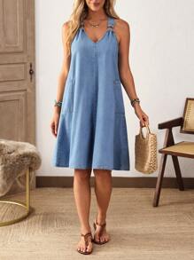 Breezaya Women's Summer Casual Denim Dress With Circular Buckle Pockets And Spaghetti Straps - Blue - View 2