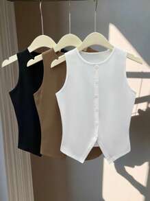 Celisse 3 Pcs/Set Women's Solid Color Elegant Round Neck Sleeveless Slit Fitted Button Tank Top