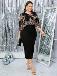 Gownix 弧形大码女装优雅拼接金色亮片连衣裙紧身连衣裙，外出装，女士连衣裙，优雅连衣裙，优雅连衣裙，优雅婚纱，女士春夏连衣裙，女士度假装 - 黑色 - 查看 4