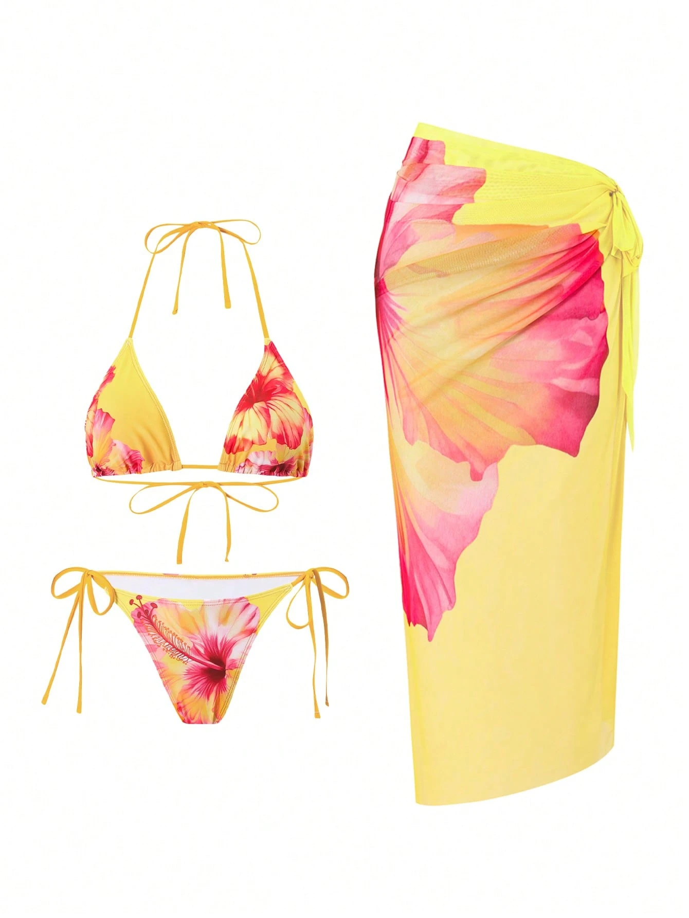 Swim Oasis 3 Peças Conjunto de Maiô Bikini Estilo Casual de Praia de Verão para Mulheres com Estampa Floral 3D e Vestido de Malha Torcida para Praia, Maiô Estilo Boêmio - Amarelo - Visão 1