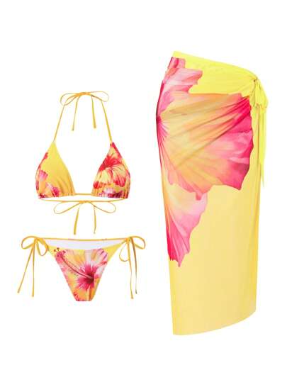 Swim Oasis Set de 3 piezas de bikini con estampado floral 3D y vestido de malla con nudo en la playa, estilo bohemio para vacaciones de verano
