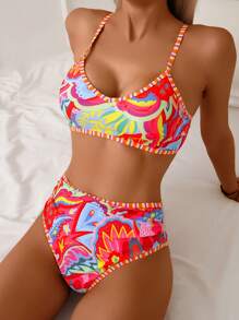 Swim Vcay 2pcs/Set Summer Beach Outfits For Women, Random Color Strap Tank Top & High Waisted Bikini Swimwear Bottom