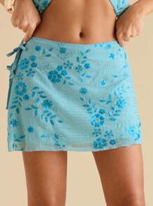 SHEIN BAE Rok Mini Kasual Wanita dengan Hiasan Bordir Bunga, Cocok untuk Santai & Liburan - Biru - View 5