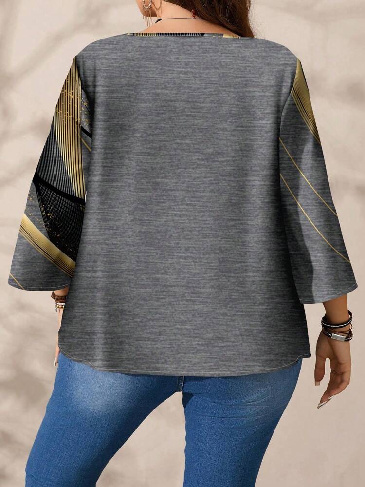 Plus Size Women Geometric Stripe Full Print Casual Round Neck Loose 3/4 Sleeve Blouse, Suitable For  Chic Blouses For Women,Spring/Summer/Vacation