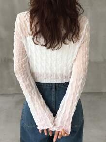 FRIFUL 女士修身透视纹理面料圆领衬衫，返校服长袖女上衣，秋季女装 - 白色 - 查看 6