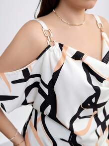 SHEIN Clasi Plus Size Women's Printed Cold Shoulder Top With Chain Decoration For Summer