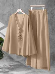 Linhara Set de 2 piezas con top de manga larga y pantalones de unicolor talla grande, moda para el verano - Caqui - Ver 1