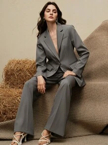 Anewsta Bộ đồ vest nữ 2 món, áo khoác Mullahdcolor + quần ống đứng - Màu Xám nhạt - Xem 7