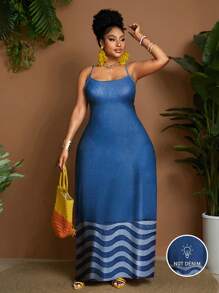 Maweii 大码女式数码牛仔印花长款修身露肩吊带连衣裙，性感少女风格 - 彩色 - 查看 2