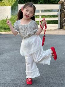 DAZY Young Girls Ditsy Floral Square Collar Short Sleeve Shirt + Long Pants 2-Piece Set, Fall Outfit - White - View 5
