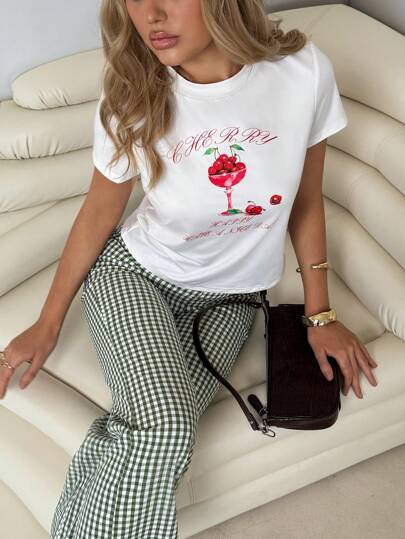 Roylia Women's Casual Daily Round Neck Cherry Letter Print Short Sleeve T-Shirt