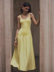 SHEIN Unity Vestido de mujer de un solo color con tirantes de espagueti y bajo retazado, de moda y versátil para primavera/verano - Amarillo - Ver 5