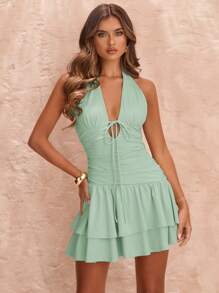 SHEIN BAE Vestido mini de color albaricoque con escote en V profundo, cuello halter, ajustado, fruncido, bajo asimétrico y volantes, vestido de punto, vestido de vacaciones, para primavera/verano - verde menta - Ver 3