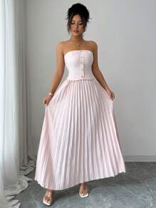 Elenzga Vestido de verano elegante sin tirantes de unicolor con pliegues y sin mangas para mujer - Rosa Pálido - Ver 3