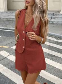 Serisse 2pcs Women Solid Color Single Breasted Vest And Shorts Casual Outfit