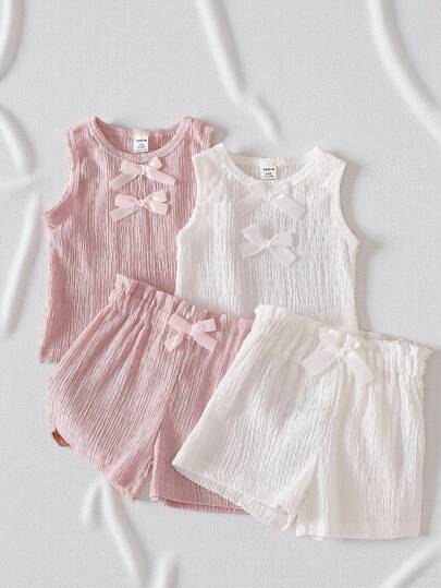SHEIN Vintaside Kids 4 件套女婴春夏蝴蝶结装饰无袖上衣和短裤套装，舒适、优质面料、时尚、适合休闲场合