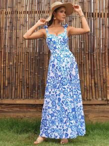 Swim Oasis Women's Floral Print Tie Shoulder One-Piece Swimsuit With Matching Cover Up Skirt For Holiday For Summer Beach Vacation - Blue and White - View 3