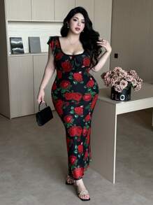 Vibekara Đầm suông tay lỡ in hoa buộc dây phía trước cỡ lớn cho nữ thanh lịch - Nhiều màu - Xem 1