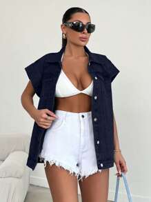 SHEIN Cottnline 100%Cotton Elastic Band Detailed, Rigid Vest - Dark Wash - View 5