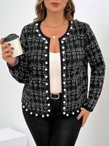 SHEIN Clasi Plus Size Women Tweed Print Beaded Decor Jacket, Suitable For Teachers Winter Fall Autumn - Black and White - View 4