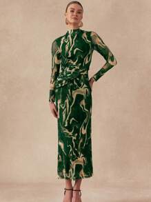 Almamuse Women's Stand Collar Long Sleeve Casual Long Dress With Twist Design Maxi Women Outfit - Green - View 3