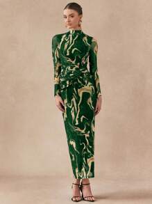 Almamuse Women's Stand Collar Long Sleeve Casual Long Dress With Twist Design Maxi Women Outfit - Green - View 5