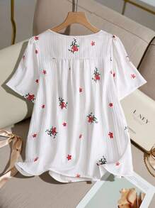 SHEIN LUNE 大码女式纹理印花拼接花卉蕾丝细节衬衫