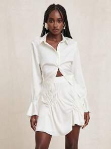 NYA SZN Top Long Sleeve Ruche Teacher Office Business Casual Satin Collar Business Casual Brunch Fall Summer Statement Valentines Day Carnival Outfits For Women - White - View 4