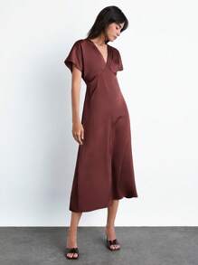 Maija Women Simple Solid V-Neck Short Sleeve Long Dress Brown Dress Women Satin Midi Dress Brown Midi Dress,Modest Dresses For Women,Fall Women Clothes