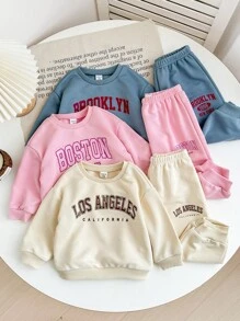 SHEIN 6件套女婴长袖可爱字母图案运动衫和松紧腰裤，秋冬