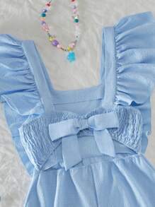 Girls Ruffled Strap Backless Bow Jumpsuit, Comfortable Textured Fabric Leisure Beachwear - Blue - View 5