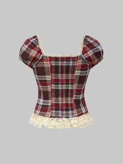 Vintage French Style Contrast Lace Trim Plaid Collared Puff Sleeve Blouse For Girls