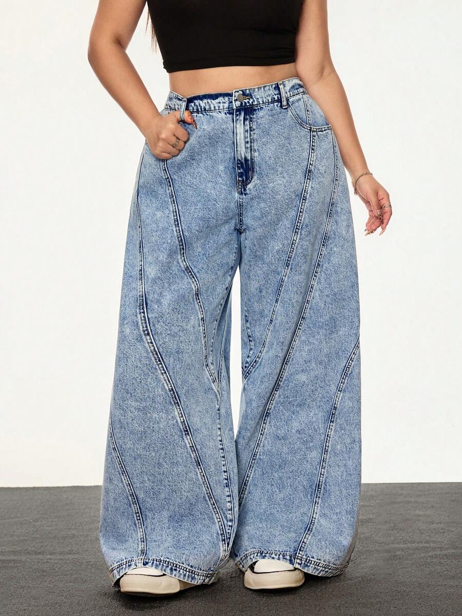 SHEIN ICON جينز واسع الساق بطراز الشارع الأزرق الفاتح المغسول غير المطاطي لحجم كبير للنساء - أزرق فاتح - مشاهدة 1