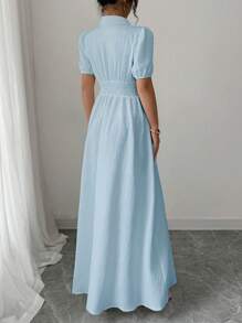 Elenzga Đầm sơ mi tay bồng cổ ve màu trơn mùa hè cỡ lớn cho nữ - Màu xanh lam - Xem 2