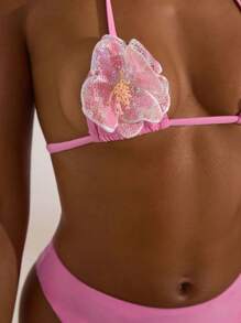 Opulessa Conjunto de biquíni sexy com amarração e decoração floral brilhante feminino, duas peças, praia de verão, roupas de férias, roupas de férias, roupas de praia para mulheres, roupas de férias femininas, conjunto de biquíni, biquíni de cintura alta, maiô de cintura alta, conjunto de biquíni fio dental, lantejoulas, roupa de banho de praia, férias, verão, férias, fofo, sexy, Ibiza, elegante, festival, rave, boho, marinho - Rosa - Ver 7