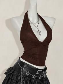 SHEIN ICON Women Casual Deep V-Neck Twist Halter Backless Camisole - Coffee Brown - View 8