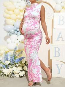 Loomaby Floral Print Ruched Maternity Shift Dress With Stand Collar - Pink - View 3