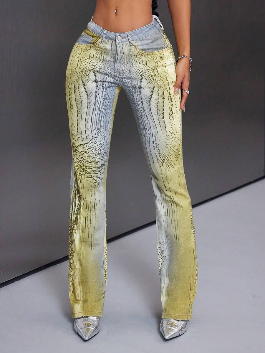 SHEIN Tall Jeans de pierna acampanada con estampado total y bolsillos para mujer de estilo urbano